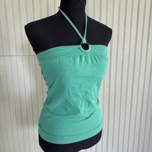 Vtg Top Women Small Green Halter Keyhole Ring Bodycon Boho Festival Y2K Babydoll